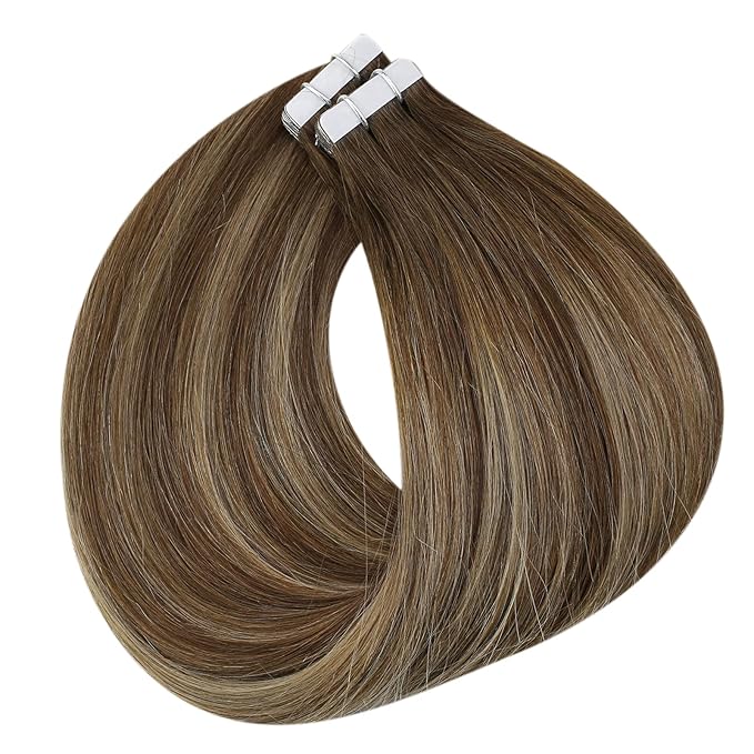 Full Shine Tape in Hair Extensions Human Hair 18Inch Medium Brown Fading to Brown Highlight 4/24/4 Invisible Tape in Hair Extensions 20Pcs Remy Straight Hair Extensions Tape in 50Grams