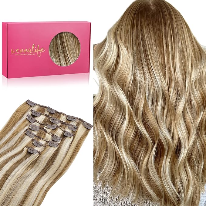 WENNALIFE Clip in Hair Extensions Real Human Hair, 14 Inch 120g 7pcs Ash Brown with Platinum Blonde Highlights Remy Hair Double Weft Straight Natural Extensiones De Cabello Humano Con