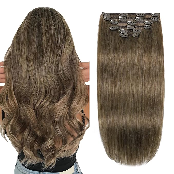 XDhair Clip in Hair Extensions Human Hair,120g 22 Inch Ash Brown Clip in Hair Extensions Straight Remy Hair for Women 6 Pieces (#8,22Inch)
