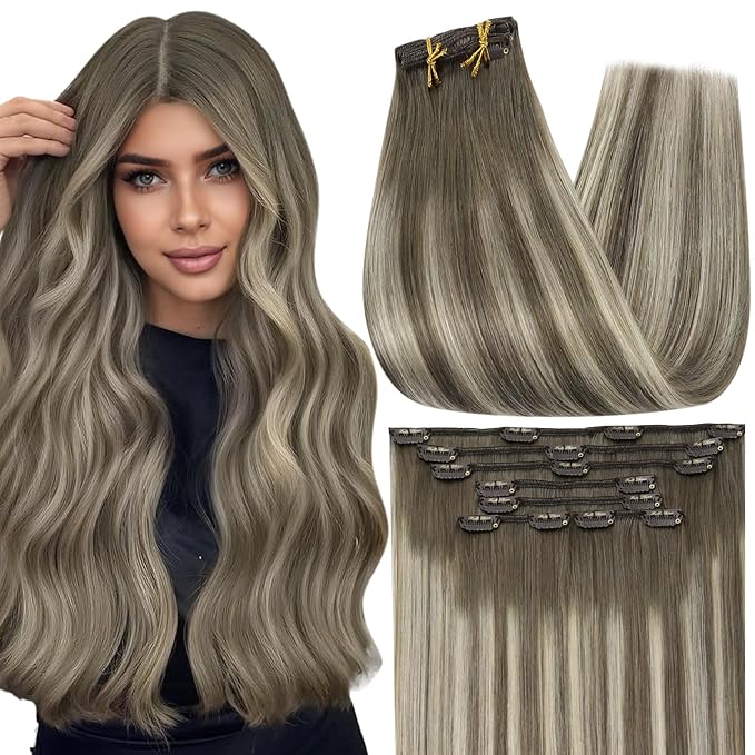 Full Shine Balayage Clip in Hair Extensions Remy Human Hair Ash Brown Ombre Blonde Clip in Extensions 7/800/7 14 Inch Medium Length Hair Extensions 7 Pcs 120 G