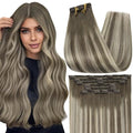 Full Shine Ombre Hair Extensions Clip in Human Hair Double Weft Ash Brown And Platinum Blonde 16 Inch Straight Seamless Clip in Hair Extensions for Volume Hair 7 Pcs 120 G
