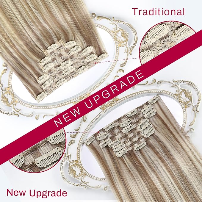 Moresoo Clip in Hair Extensions Balayage Double Weft Real Human Hair Extensions Clip ins Light Brown Mixed with Golden Blonde Full Head 7Pieces 120Grams 20inch