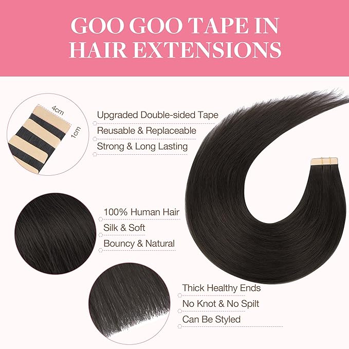 GOO GOO Tape in Hair Extensions Human Hair, 2 Dark Brown, 26inch 120g 40pcs, Skin Weft Seamless Invisible, Silky Straight with Thick Ends, Remy Human Hair