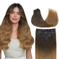 GOO GOO Clip in Hair Extensions Real Human Hair, Remy Human Hair Extensions Clip ins for Women, Natural Human Hair, 16inch 120g 7Pcs, 1D/2C/4E Chocolate Dip Color Melt