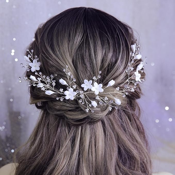 Flower Bridal Hair Pins Pearl Bride Wedding Hair Pieces Leaf U Shaped Hair Accessories Headpiece for Wedding Brides Women Girls（6 PCS） (Silver/Rhinestone White Flower)