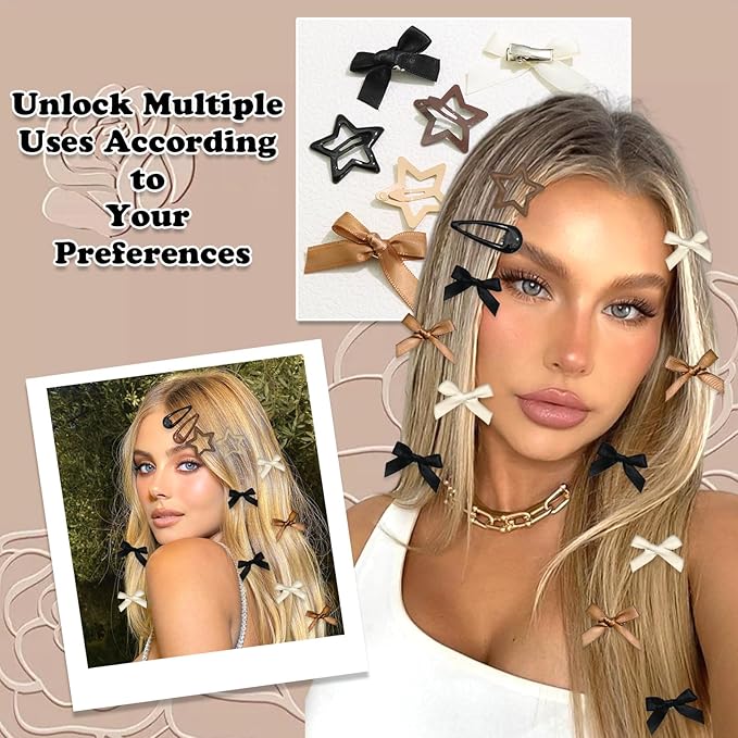 36Pcs Brown Mini Bow Hair Clips Y2K Star Metal Snap Hair Barrettes Small Hair Bows Water Drop No Slip Hair Clips for Women Cute Bowknot Star Hair Pins Accessories for Girls
