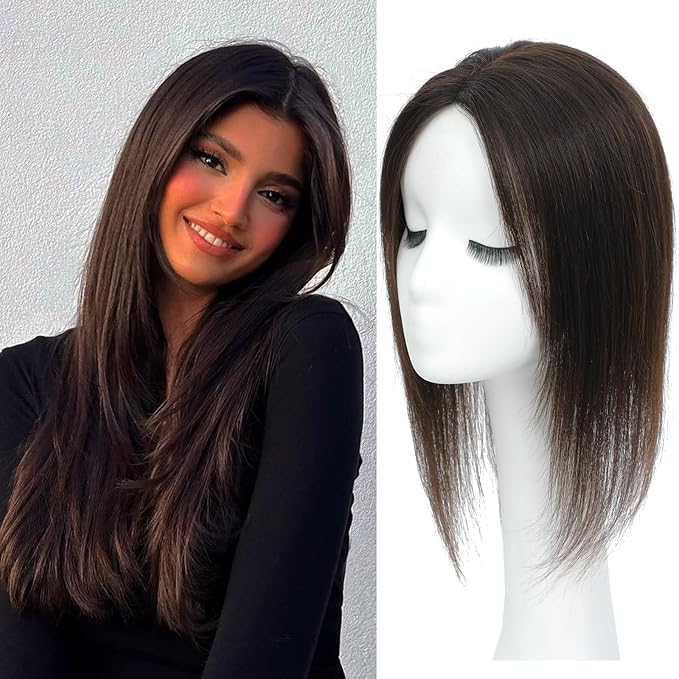 Hair Toppers for Women Real Human Hair, 360°3D Topper for Women with Thinning Crown Wispy Clip in Bangs Breathable Hand Tied Craft Big Coverage Hairpieces(Dark Brown（Big Coverage）, 16 Inch-3D-Side)