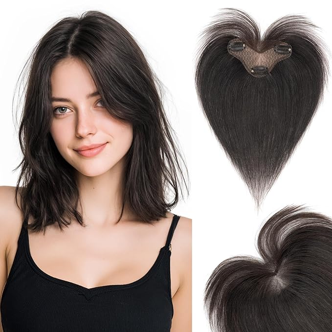 Hairro Human Hair Toppers For Women Wispy Thin No Bang Middle Part Side Bangs Hair Clip Short Wiglet Hairpieces Natural 11 Inches 14.5g #1B Natural Black