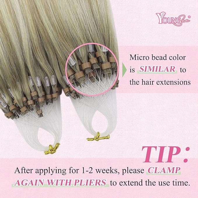 YoungSee Micro Link Hair Extensions Human Hair Blonde Ombre Microloop Hair Extensions Human Hair Blonde to Platinum Blonde Bead Hair Extensions Human Hair 16In Balayage Micro Links Hair Soft 50s/50g