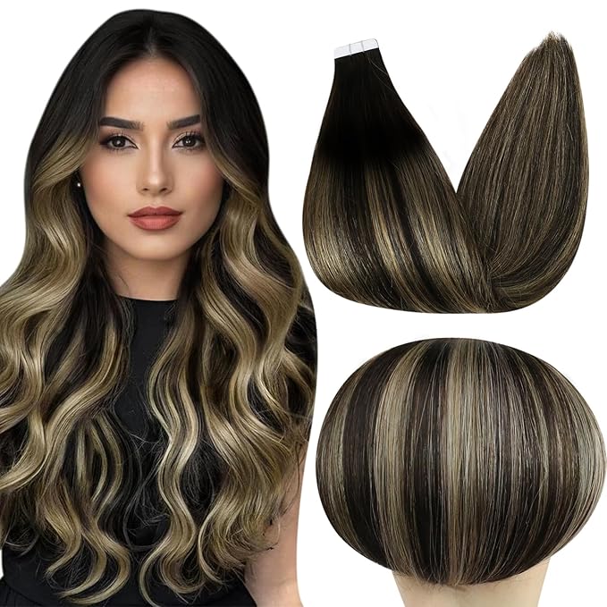 Full Shine Tape in Extensions 20 Inch Real Human Hair Tape in Extensions 1B Off Black Fading to 27 Honey Blonde and Off Black 50G Remy Seamless Adhesive Hair Extensions 20Pcs Add Volume
