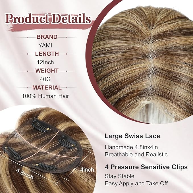 YAMI Real Human Hair Toppers - Clip in Hair Extensions, Larger Swiss Base, 12 Inch, 40g, Natural Black