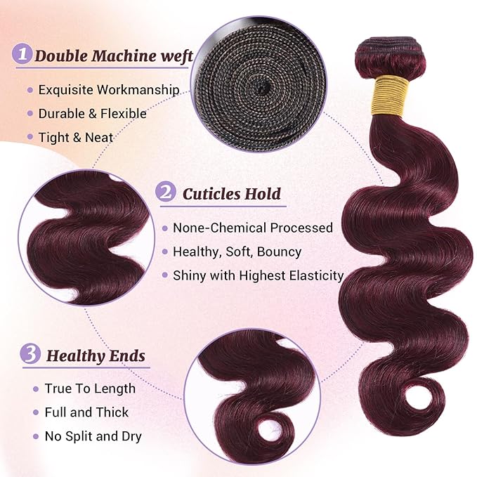 99J Human Hair Bundles Body Wave Burgundy Dark Red Wine Color Body Wave Bundles 100% Real Human Hair And True To Length 10 12 14 Inch 3 Pcs/Pack