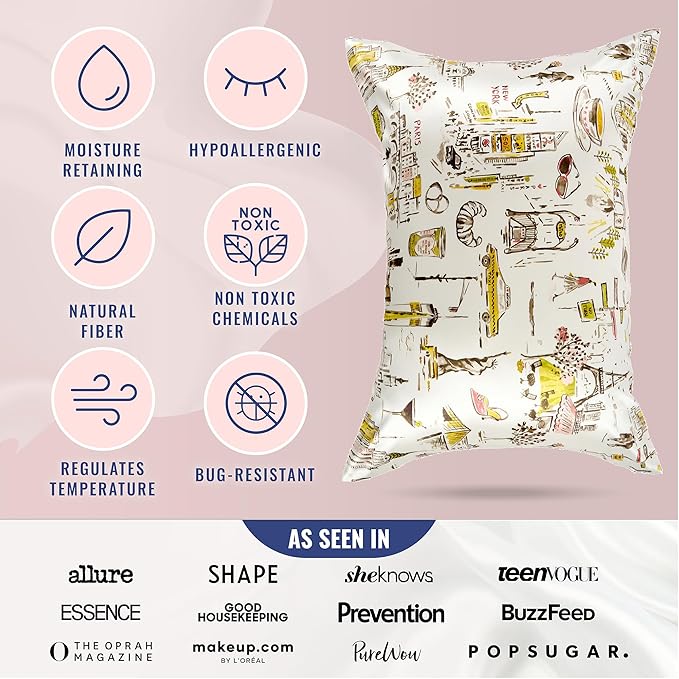 Blissy Silk Pillowcase - 100% Pure Mulberry Silk - 22 Momme 6A High-Grade Fibers - Silk Pillow Cover for Hair & Skin - Regular, Queen & King (Nicole Miller - NY to Paris, Standard)