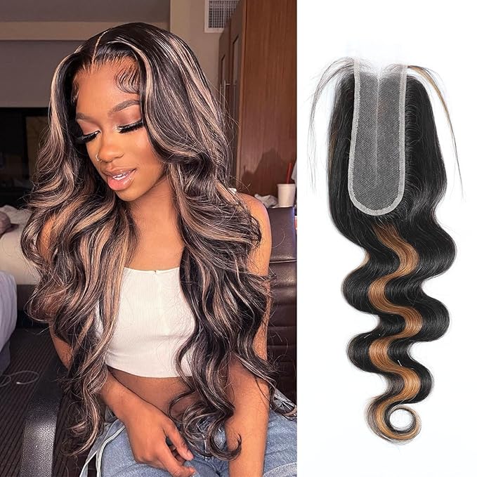 2x6 HD Lace Closure Human Hair Body Wave P1B/30 Highlight Brown Black Color Transparent Lace Closure 2x6 Long Deep Middle Part 100% Raw Virgin Human Hair 14 Inch 150% Density