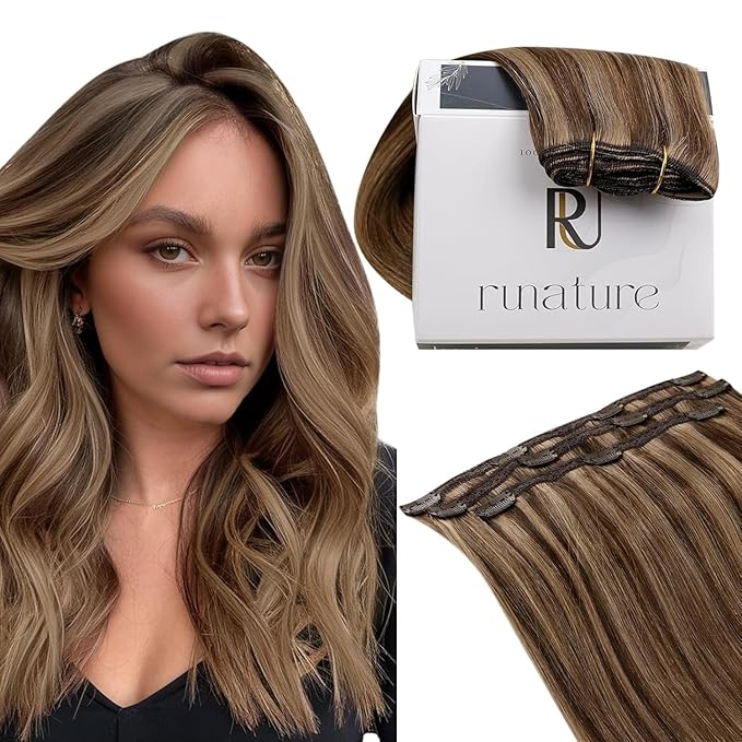 RUNATURE Clip in Hair Extensions Real Human Hair Dark Brown Highlight Soft Silky Human Hair Clip in Extensions 50g 3pcs 18 Inch #3P12 Brown Highlight Blonde