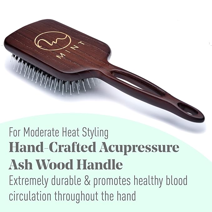 Eco-Friendly Boar Bristle Paddle Hair Brush for Women by MINT | Anti-Breakage Detangling Brush Great for Color-Treated Hair, Extensions and All Hair Types | Hand-Crafted Wooden Handle