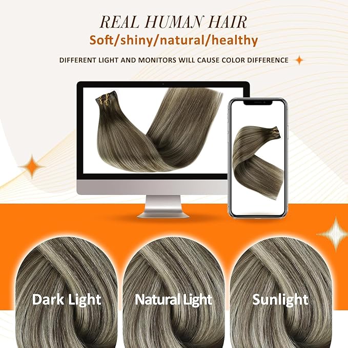 Full Shine Balayage Hair Clip in Extensions Brown Ombre Invisible Clip in Hair Extensions Ash Brown to Cool Blonde Real Human Hair for Long Hair 20 Inch 120 Gram 8 PCS