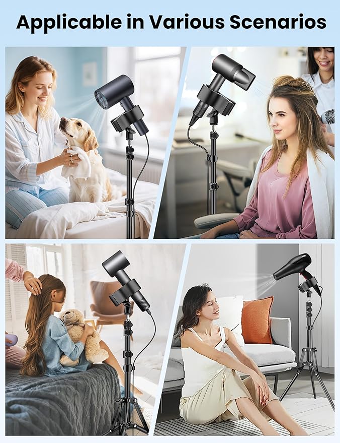 Hair Dryer Stand Hands Free, 20-63 Inch Adjustable Hair Dryer Holder with Tripod & Universal Clip, Blow Dryer Stand for Bathroom Salon Home, Perfect for Long Hair & Stylists