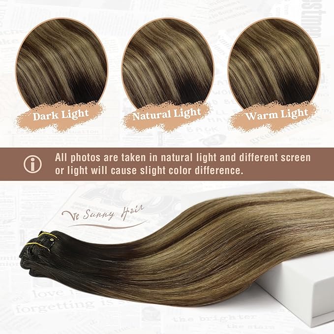 Ve Sunny Human Hair Clip in Extensions Black Clip in Hair Extensions Black Ombre Brown with Blonde Extensions for Women Real Hair Thick End 16Inch 120g