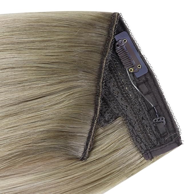 YoungSee Wire Hair Extensions Ombre Blonde Invisible Wire Human Hair Extensions Balayage Ash Blonde Ombre Platinum Blond Fish Line Hair Extension Short Straight Hair 12Inch 70G