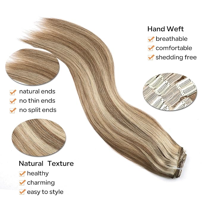 Straight Clip In Hair Extensions Real Human Hair 8Pcs Clip In Balayage Chestnut Brown Highlight Blonde Human Hair Extensions with 18Clips Lace Weft 120g 18inch