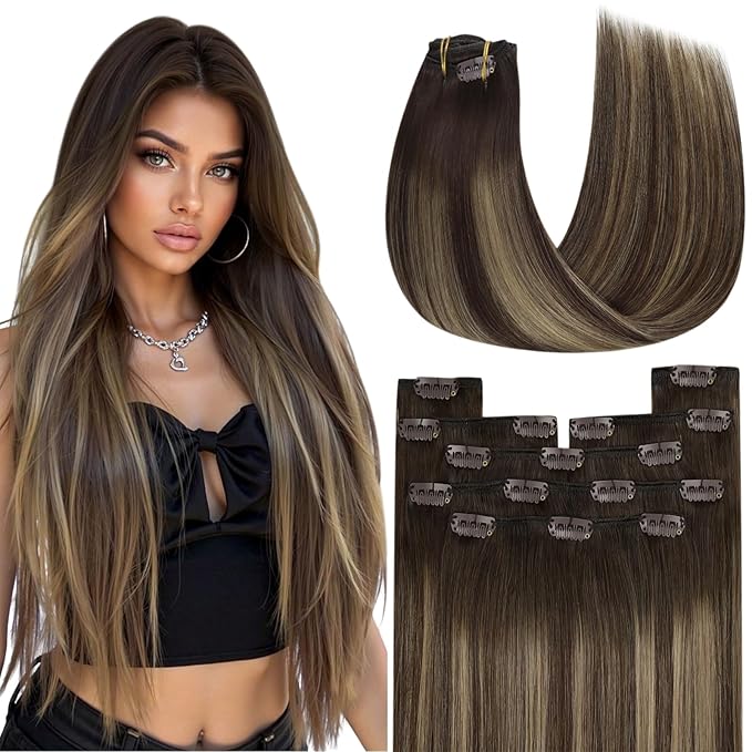 YoungSee Clip in Human Hair Extensions Brown Balayage Clip in Real Hair Extensions Dark Brown with Caramel Blonde Balayage Remy Hair Human Extension Clip ins Long Straight Hair Extension 22Inch 120G