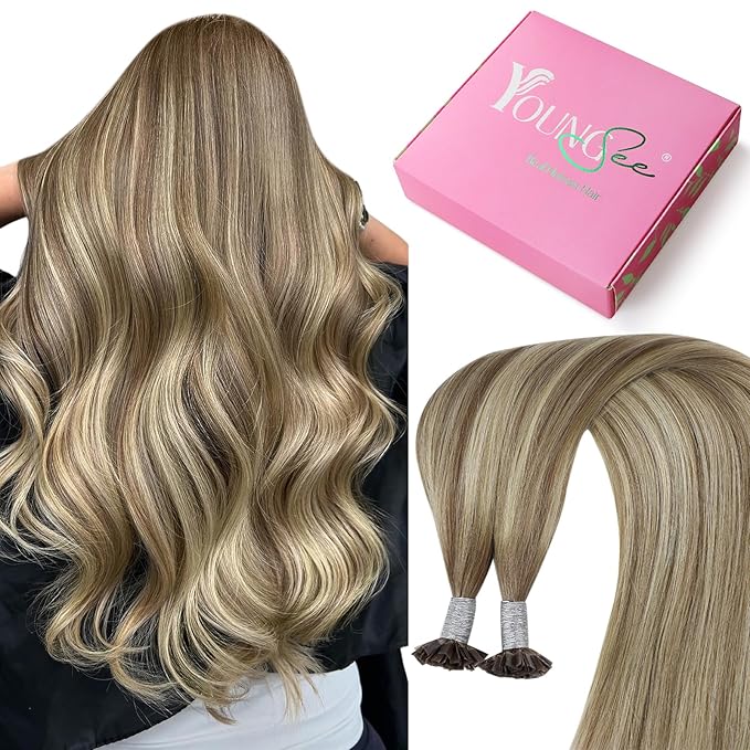 YoungSee K Tip Hair Extensions Real Human Hair Ombre Light Brown and Blonde Ktip Real Hair Extensions 1G/S 50G 22In