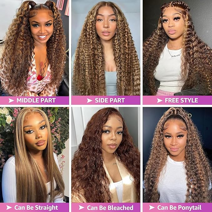 Highlight Ombre 13x6 Lace Front Wig Human Hair 210 Density 28 Inch Deep Wave Honey Blonde Glueless HD Transparent Lace Frontal Wigs for Women