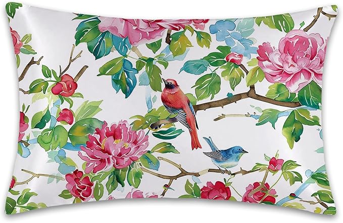 Satin Pillowcase 1 Pack-Pink Roses Flowers and Red Birds Silky Pillow Cover for Hair and Skin,King Size 20x36 Inch Soft Cooling Printed Pillow Cases with Hidden Zipper,Gifts for Women Men