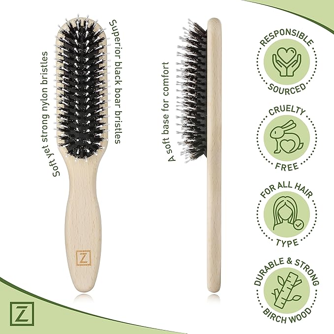 Natural Boar Bristle Hair Brush for Women, Men, Kids; Dry and Wet Detangling Hair Brush Gently Enhances Shine, Smooths Frizz and Prevents Breakage in Fine and Straight, Thick and Curly Hair (long)