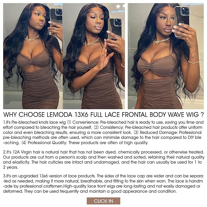 Lemoda Body Wave 13x6 Full Lace Frontal Virgin Human Hair Wigs 210% Density 22Inch Body Wave Top 15A 13x6 HD Transparent Lace Front Wig Pre-Bleached Knots Invisible Lace Tiny Knots