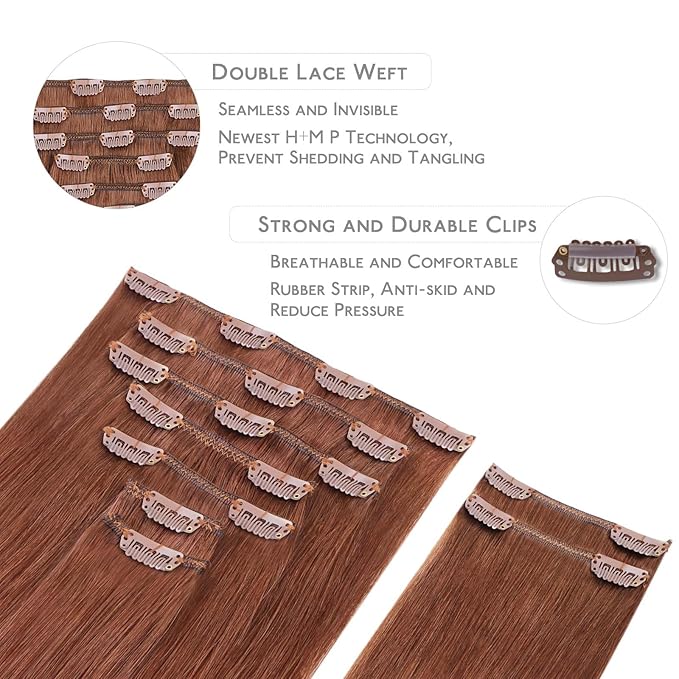WENNALIFE Clip in Hair Extensions Real Human Hair, 18 Inch 150g 9pcs Dark Auburn Copper Remy Hair Thicker Double Weft Extensiones De Cabello Humano Con Clip Ins Straight Full Volume