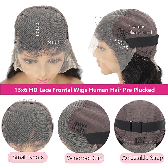 32 Inch 13x6 Lace Front Wigs Human Hair 200 Density Body Wave HD Lace Front Wigs Human Hair Pre Plucked Natural Color Glueless Wig 100% Virgin Human Hair Lace Front Wigs for Women