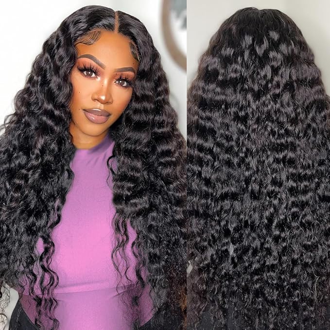 24 Inch 13×6 HD Lace Front Wigs Human Hair Water Wave 200 Density Lace Frontal Wigs Pre Plucked Deep Curly Human Hair Wig for Women Natural Black