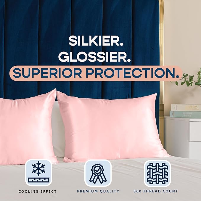 BLISSFORD Pink Satin Pillowcase with Zipper, for Hair and Skin Care, Feels Soft and Cool Like a Silk Pillowcase, Satin Pillow Cases 2 Pack, Slik Pillow Cover, King Size - Set of 2