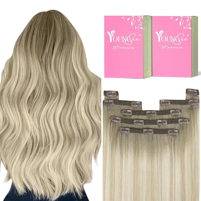 YoungSee Clip in Hair Extensions Real Human Hair Blonde Ombre Clip in Human Hair Extensions Ombre Ash Blonde Mix Platinum Blond Clip on Hair Extension for Women Dyable Remy Hair 120G 7pcs 18Inch