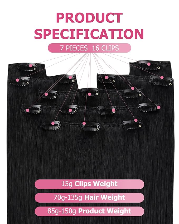 YoungSee 24inch Clip in Hair Extensions Human Hair Black Human Hair Extensions Clip ins Jet Black Blend Natural Clip in Extension Remy Hair for Women Long Straight Hair Extension 120G 7Pcs