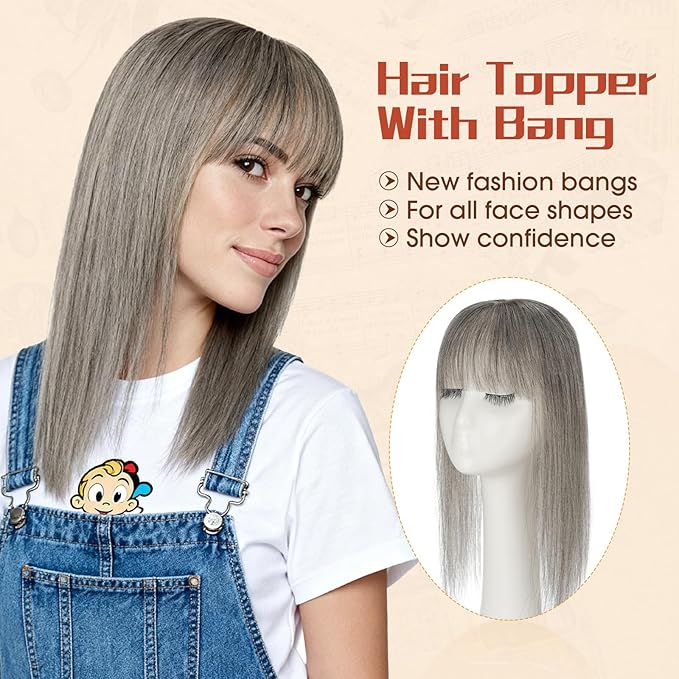 Rich Choices Human Hair Toppers for Women-100% Real Remy Hair Topper with 3D 360°Bang-Upgraded 150% Density 9 * 12CM Lace Base-Clip in Hairs topper for Thinning Hairs-10Inch #G2 Grey