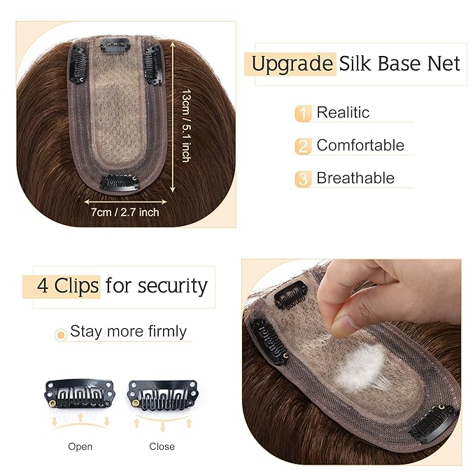SEGO Human Hair Toppers for Women With Thinning Hair, 7 * 13CM Silk Base 100% Real Human Hair Clip in Top Wiglet Hairpieces -18 Inch No Bangs Medium Brown