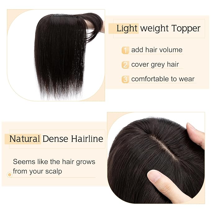 SEGO Hair Toppers for Women Real Human Hair With Bangs, 7 * 13CM Silk Base 100% Remy Human Hair Clip in Top Wiglet Hairpieces Add Volume /14 Inch Natural Black