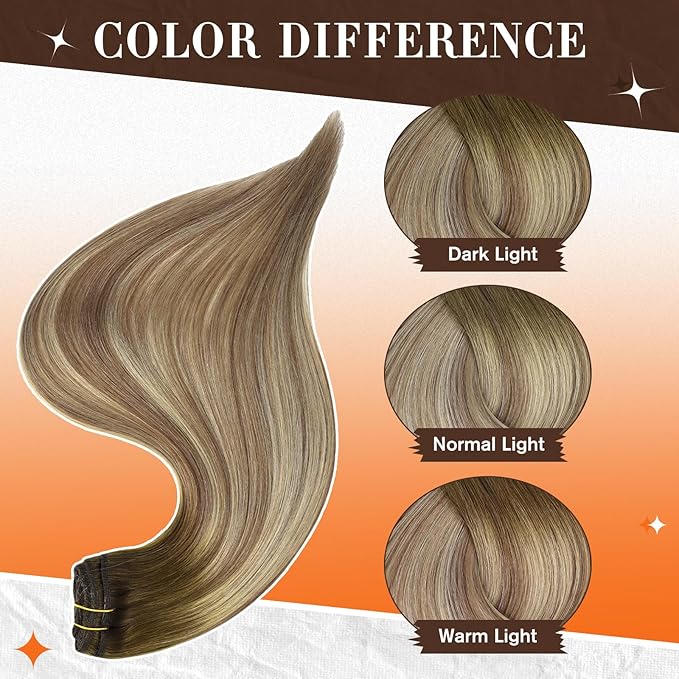 Full Shine Clip in Hair Extensions Balayage Seamless Human Hair Clip in Dark Brown to Ash Brown Mix Medium Blonde Real Hair Extension Lace Weft 16 Inch 3 PCS 60 G