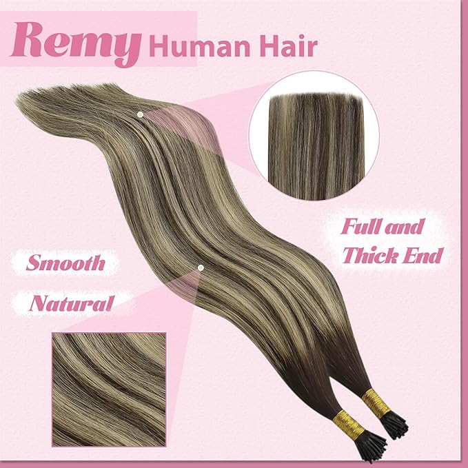 YoungSee I Tip Hair Extensions Human Hair Balayage I Tips Hair Extensions Real Human Hair Balayage I-Tip Hair Extension Ombre Dark Brown with Ash Blonde Itip Human Hair Extension 18 Inch 60s 50g