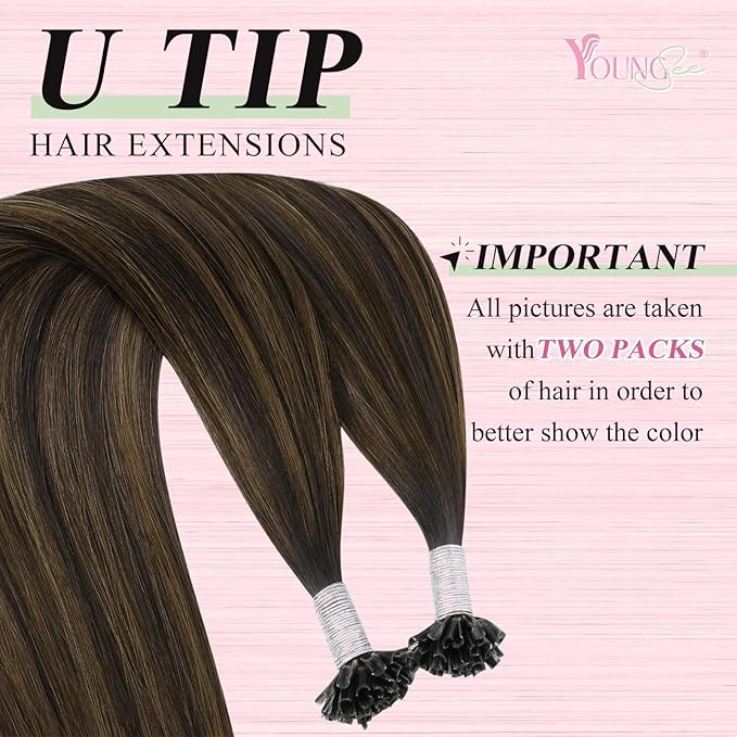 YoungSee Utip Hair Extensions Human Hair Balayage U Tip Hair Extensions Dark Brown with Medium Brown K-Tip Hair Extension Human Hair Ombre 14Inch for Short Hair 50s/50G