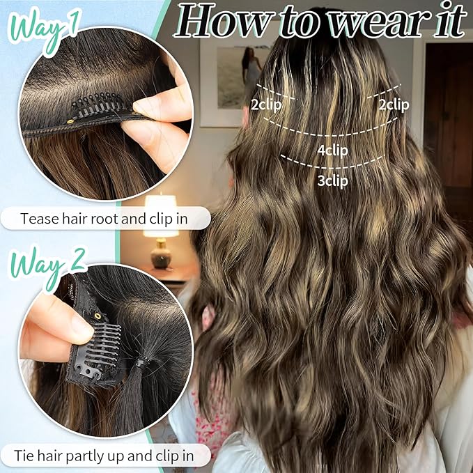 KooKaStyle Clip in Synthetic Hair Extensions Long Wavy 4PCS Thick Hairpieces Brown mix Sandy Blonde F6/18 Fiber Double Weft Natural Hair Extensions 20 Inch for Women