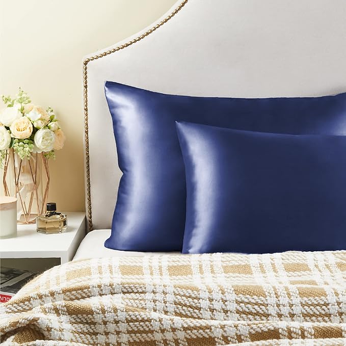 BEDELITE Satin Pillowcase with Zipper 2 Pack, Navy Pillow Cases Standard Size, Super Soft and Cooling Similar to Silk Pillow Cases, Gift for Women Men(20x26 Inches)