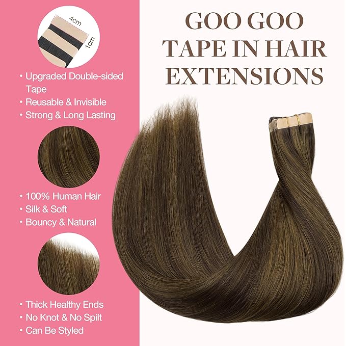 GOO GOO Tape in Hair Extensions Human Hair, 2C/4E/6C Brown Sugar Swirl Highlights, 12inch 40g 20pcs, Skin Weft Seamless Invisible, Silky Straight with Thick Ends, Remy Human Hair