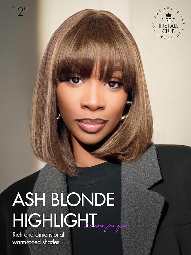 LUVME HAIR 14Inch Ash Blonde Highlights Yaki Blunt Cut Bob Wig with Bangs Glueless Minimalist Lace Short Wig Breathable Cap