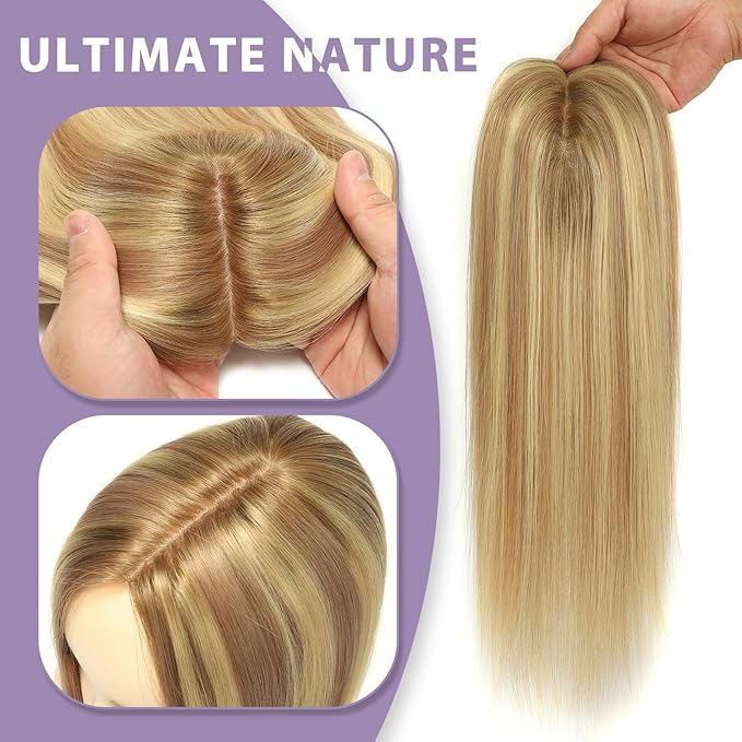 Real Human Hair Toppers for Women #TLQ, 3x5 Inch Injected Silk Base 130% Density 18 Inch Length Hair Toppers