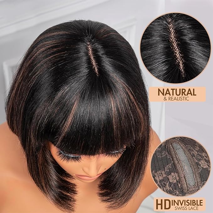 Bob Wig 100% Virgin Human Hair Wigs Glueless 2.5x1 Lace Closed F1B/30 Color Short Bob Human Hair With Bangs Ready To Go Straight bob wig human hair（16 Inch bob wig）