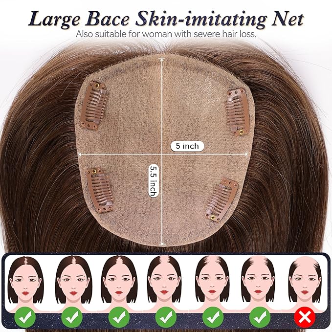 starluck Hair Toppers with Bangs for Women, 5 * 5.5" Large Base, Brown Real Human Toppers for Thinning Hair and Gray Root Coverage